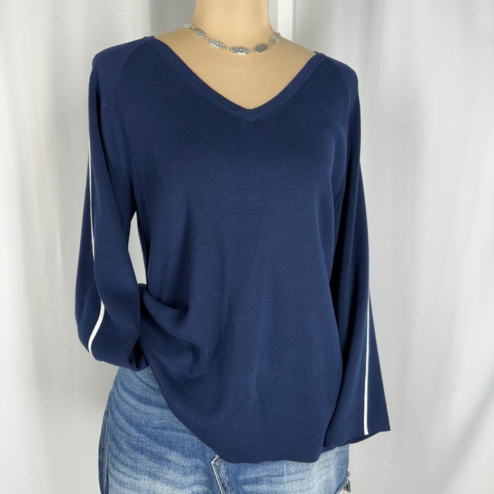 Kinross Womens Navy Blue 100% Cotton V-Neck Sweater White Stripe Size Medium